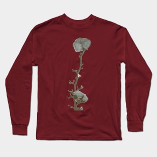 Single twig of natural grey blue cotton boll leaning against the white illuminated wall background Long Sleeve T-Shirt